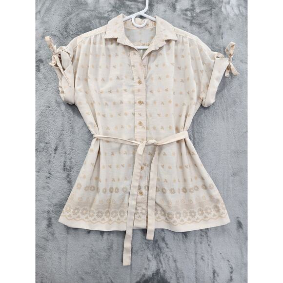 Vintage Floral Roll Tie Short Sleeve Blouse Size L Beige Tie Belt Button Front - Picture 1 of 8